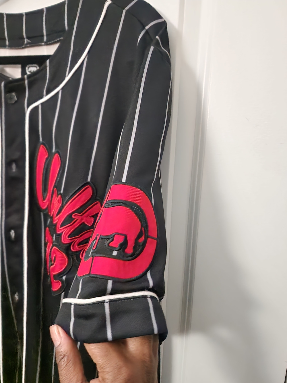 Ecko Unltd. Black Pinstripe Button-Up Jersey with White Stripes - Picture 3 of 5